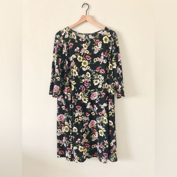 J. Jill Wearever Collection 3/4 Sleeve Dress in Black Multi Floral Print - M - Picture 1 of 7